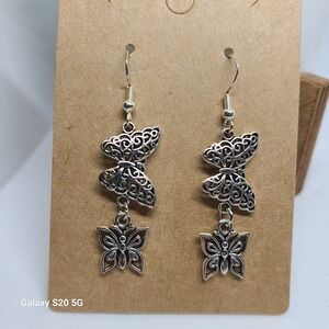 Handmade Butterfly‎ Dangle Earrings Silver Tone Filigree Fashion Jewelry NEW 2"